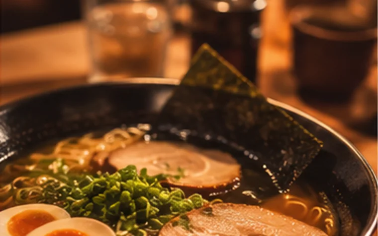 Bowl of ramen with pork, eggs, and scallions