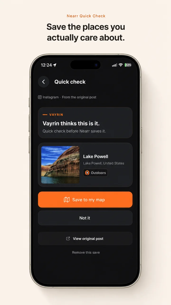 Nearr Quick Check showing a Lake Powell place result